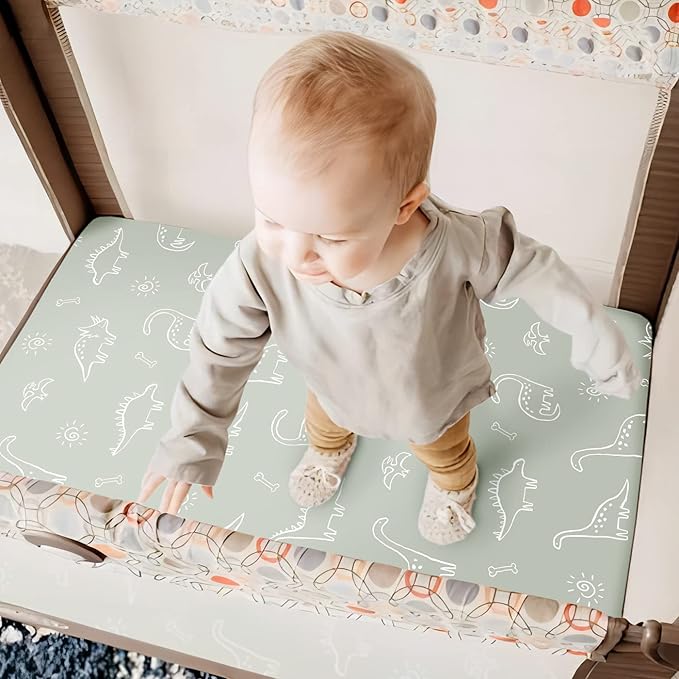 GRSSDER Pack n Play Sheets Fitted 2 Pack, Stretchy Ultra Soft Pack and Play Sheets, Universal Fitted Portable/Mini Crib Mattresses Snug and Safe, Jersey Crib Sheets for Boys, Dinosaurs