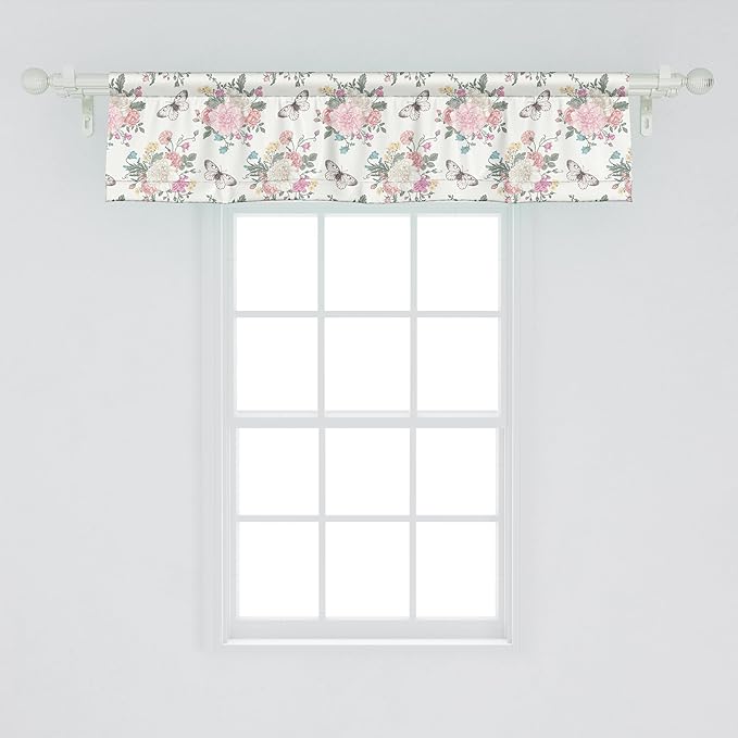 Ambesonne Shabby Flora Window Valance, Peonies Peas Roses Bouquet Butterflies Pastel Tones Bridal Theme, Curtain Valance for Kitchen Bedroom Decor with Rod Pocket, 42" x 12", Pale Pink Green