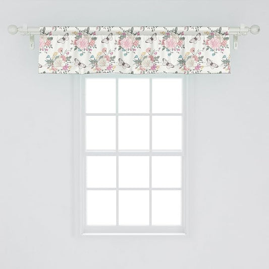Ambesonne Shabby Flora Window Valance, Peonies Peas Roses Bouquet Butterflies Pastel Tones Bridal Theme, Curtain Valance for Kitchen Bedroom Decor with Rod Pocket, 42" x 12", Pale Pink Green