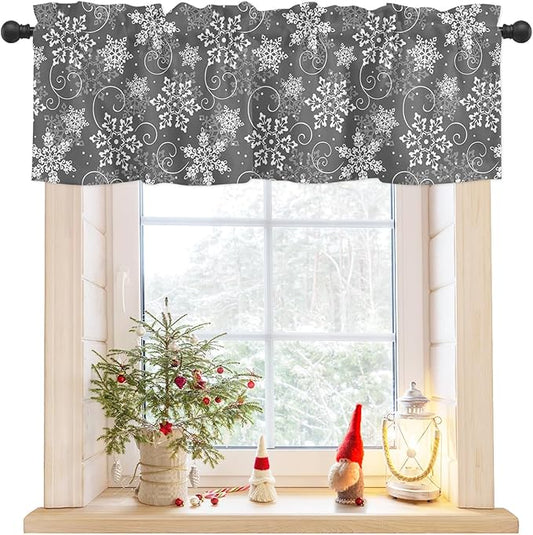 Christmas Valance Curtains for Kitchen Windows Grey White Snowflakes Pattern Rod Pocket Window Treatment Toppers for Kitchen/Living Room/Bedroom/Bathroom, 60" X 18", Winter