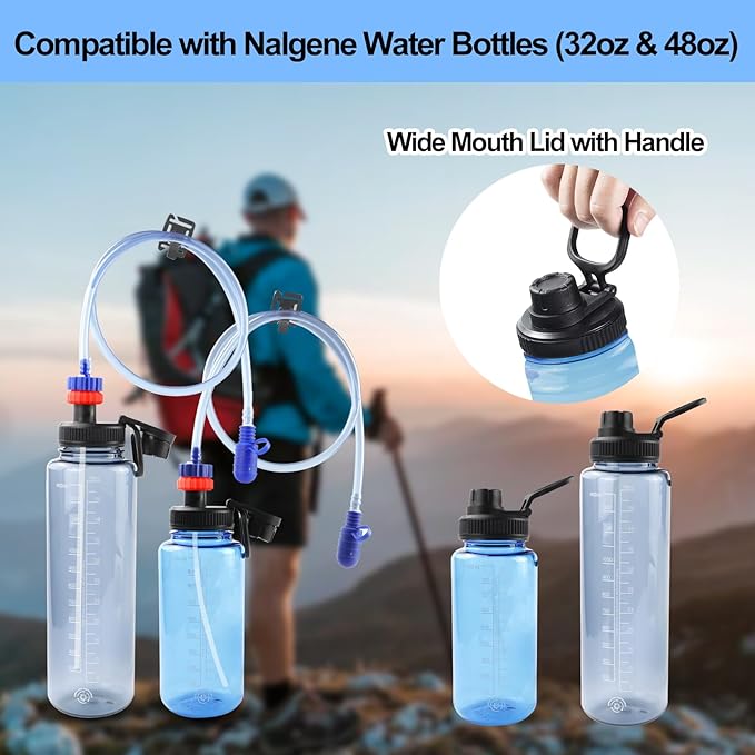 Hydration Adapter Kit for Nalgene Water Bottle with Cap, Compatible with 32/48 oz Wide Mouth Water Bottles, Outdoor Sports Accessories, Use for Camping, Cycling, Hiking(Red)