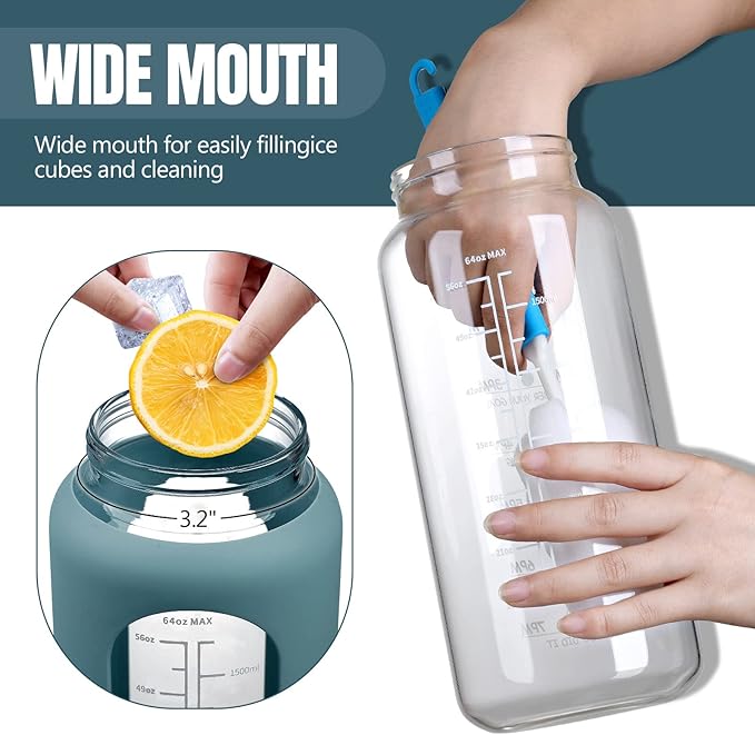 MUKOKO 64oz Glass Water Bottles with Straw, Half Gallon Water Bottle with Time Marker, Motivational Water Bottle with Silicone Sleeves,Large Glass Water Bottle for Gym,Working,Outdoor,Blue