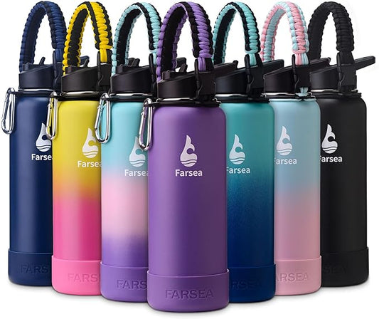 Farsea Insulated Water Bottle With Paracord Handle, Protective Boot and 2 Lids (Straw Lid & Spout Lid), Stainless Steel Water Bottle Wide Mouth, Double Wall Sweat-Proof BPA-Free, 40 oz