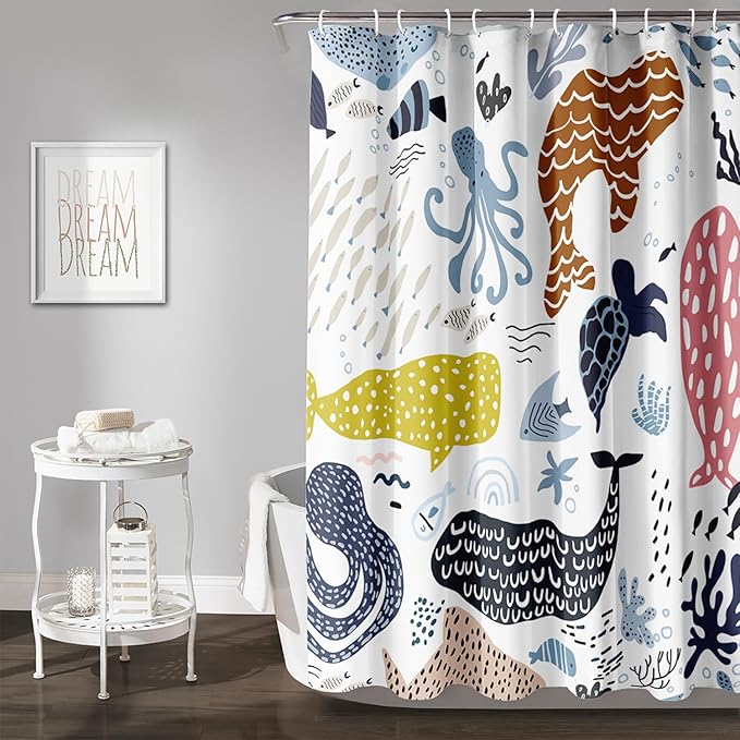 AILONEN Cartoon Dolphin Shower Curtain for Kids 72" W*84" H Inch,Colorful Whales Octopuses Pattern Shower Curtain,Marine Life Theme 12 Pack Hooks Polyester Waterproof Fabric Decor for Bathroom