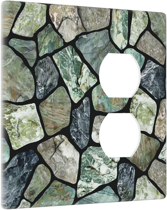 Green Stone Texture Combo Single Blank 1 Duplex Outlet Switch Wall Plate Cover Decorative 2-Gang for Electrical Room Bathroom Bedroom Home Kitchen One Receptacle 4.5" x 4.6"