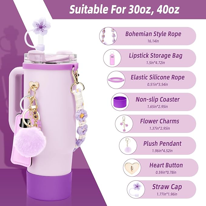Stanley Cup Accessories Set Including 1 Pcs Water Bottle Handle Strap, 1 Pcs Siliocne Straw Cover, 1 Pcs Siliocne Stanley Cup Boot, 3 Pcs Stanley Charms for Stanley Cup 40oz & 30oz Tumbler - Purple