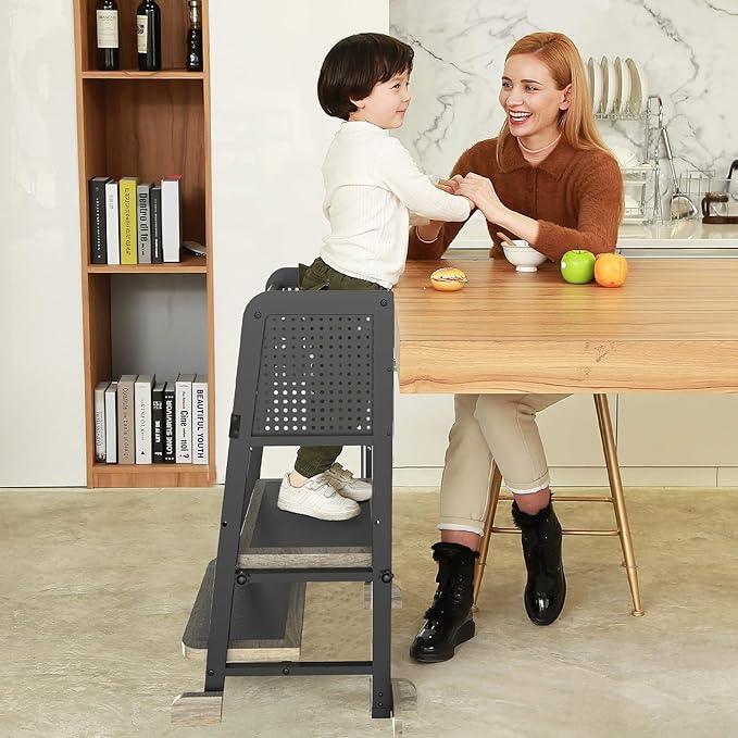 Kitchen Step Stool for Kids, Learning Tower for Toddlers 1-3, Kitchen Tower with Anti-Slip Mat and Adjustable Stand, Wood Metal Standing Stool for Counter, Light Brown and Black