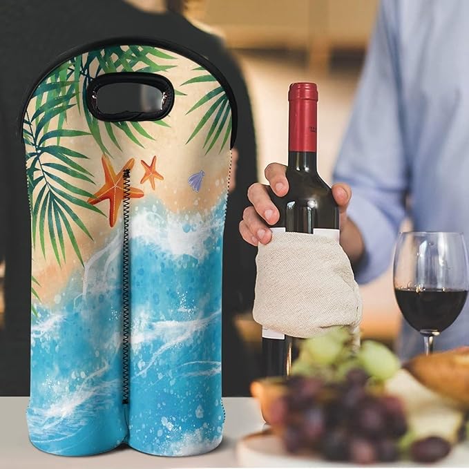 doginthehole 2 Bottle Wine Carrier Beach Theme Travel Insulated Wine Carrying Case Cooler Tote Bag Wine Bottle Holder Neoprene Champagne Bottle Protective Bag Wine Accessories Gift for Women Men