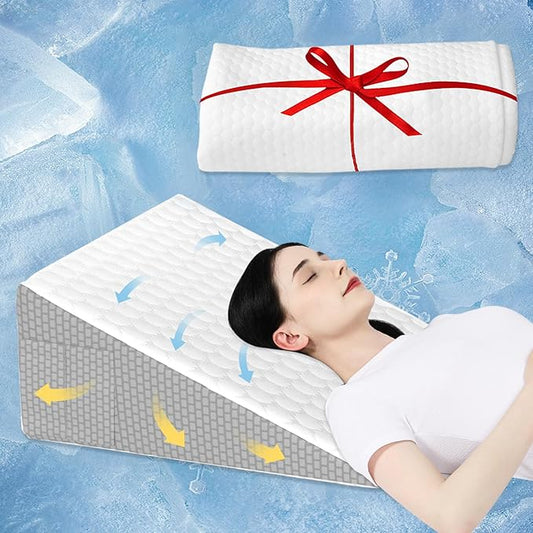 Cooling Wedge Pillow for Sleeping, 10" Elevated Support Bed Wedge Pillow,Cooling Memory Foam Top,Elevated Support Triangle Pillow for Acid Reflux & Snoring,with Air Layer Wedge Cover (Grey)