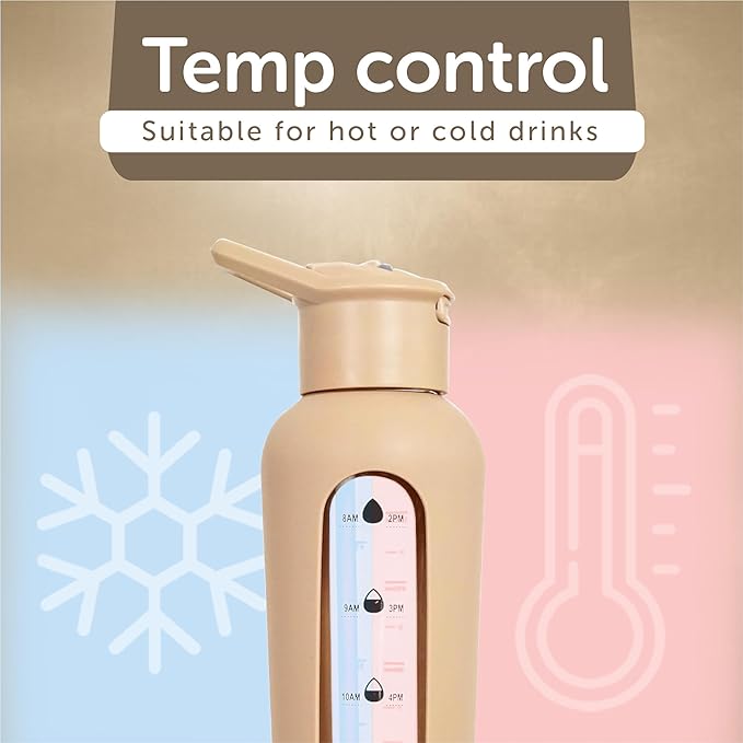 24oz Glass Motivational Water Bottle with Flip Lid Straw, Silicone Protective Sleeve, Handle, Reusable BPA Free (Black)