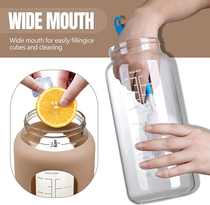 MUKOKO 64oz Glass Water Bottles with Straw, Half Gallon Water Bottle with Time Marker, Motivational Water Bottle with Silicone Sleeves,Large Glass Water Bottle for Gym,Working,Outdoor,Amber
