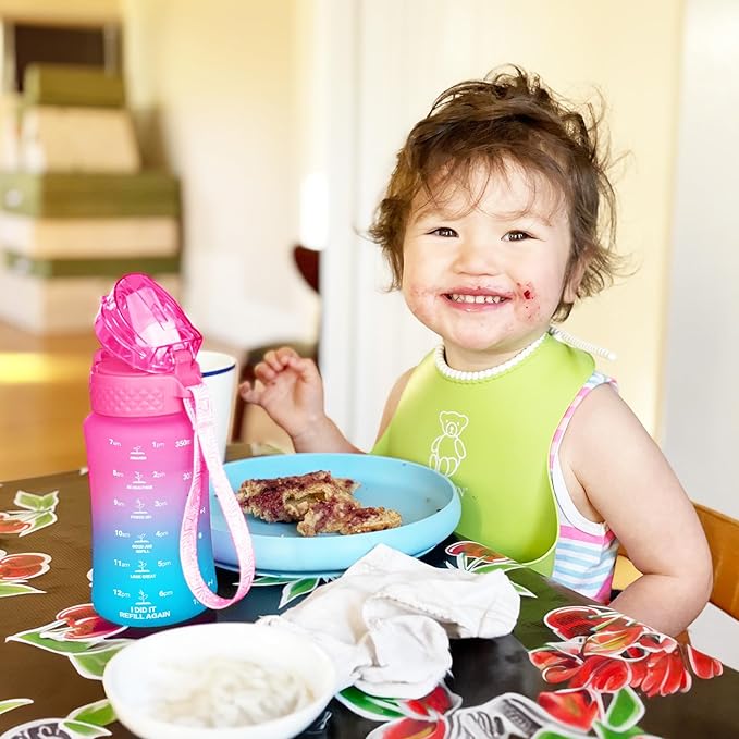 OLDLEY Kids Water Bottle for School, 12 oz (2 lids) BPA-Free Reusable Leak-Proof Durable Tritan Plastic Water Bottles with Straw & Chug Lids, Anti-dust Spout Cover (Rose Blue)