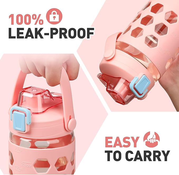 MUKOKO 32 oz Glass Tumbler with Straw,Glass Water Bottles with Time Marker,Iced Coffee Cup with 2 Lids-Handle Spout Lid&Straw Lid,Silicone Sleeve,Leakproof,1 Pack-Pink