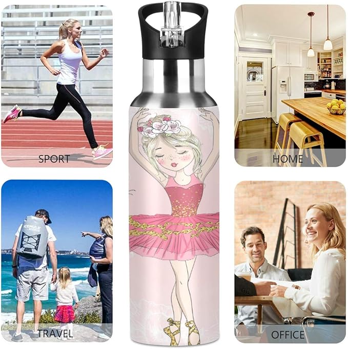 Blueangle Lovely Ballerina Girl Sports Water Bottle, 22 Oz BPA Free Non-Toxic Stainless Steel Water Bottle with Straw for Gym Yoga Fitness Camping
