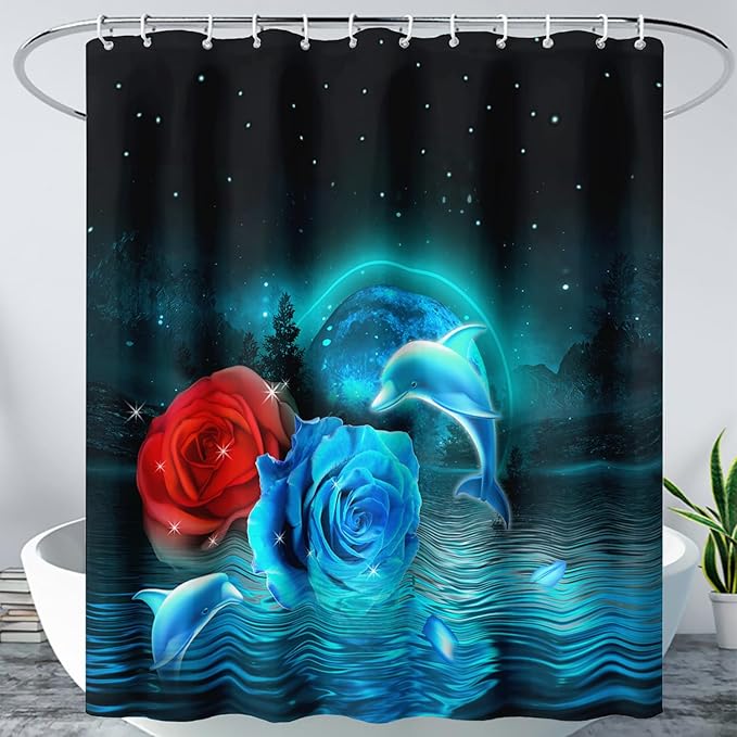 AILONEN Blue and Red Rose Shower Curtain,Cute Dolphin Shower Curtain for Bathroom Decor,72" W*78" H Polyester Waterproof Evening Starry Moon Flower Bath Curtain with 12 Hooks