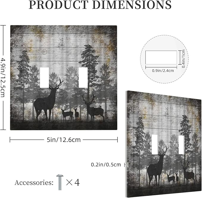 Rustic Deer Forest Vintage Wood Board Double Toggle Boho Light Switch Covers Decorative Country Unique 2 Gang Wall Plate Dual Electrical Faceplate Switchplate for Farmhouse Cabin Decor