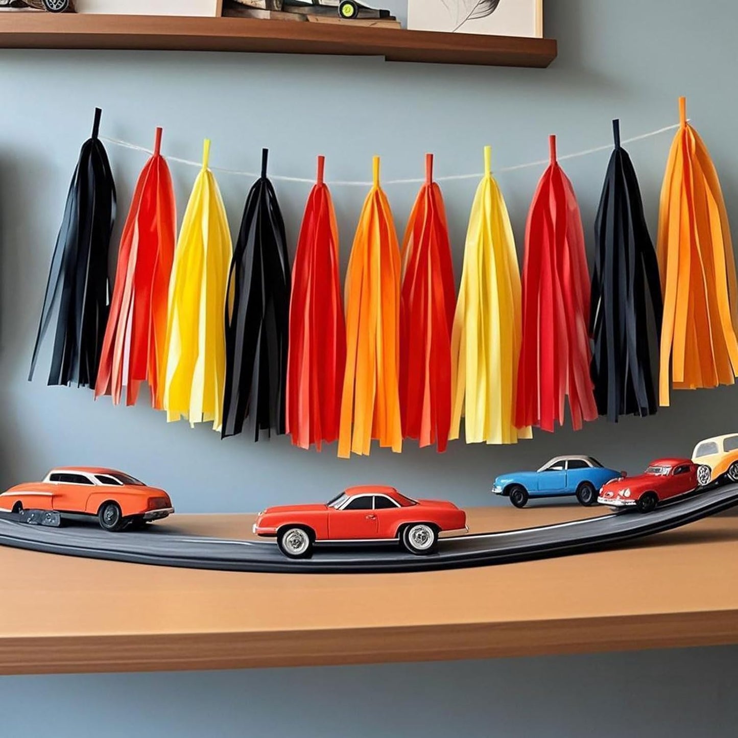 Fire Truck Tissue Tassel Garland - DIY Firefighter Birthday Party Decorations with 20 Pre-Cut Yellow Red Black Orange Paper Garland Banner, for Baby Shower,Race Car,Fire Truck Theme