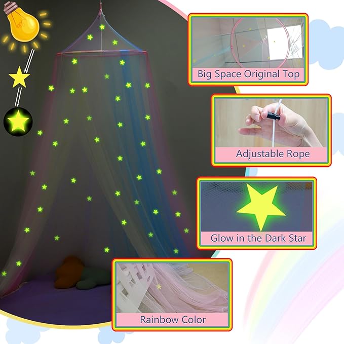 Daksha Rainbow Princess Bed Canopy for Girls with Glowing Stars, Room Decor, Bed Curtains, Ceiling Tent, Fits Twin, Full and Queen Size Beds