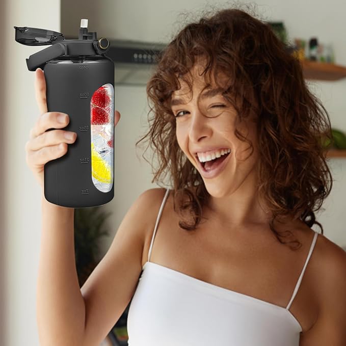 64 Oz Glass Water Bottle with Straw and Lid, Sports Motivational Water Bottle, Leakproof Water Jug Fitness with Silicone Sleeve for Gym, Black