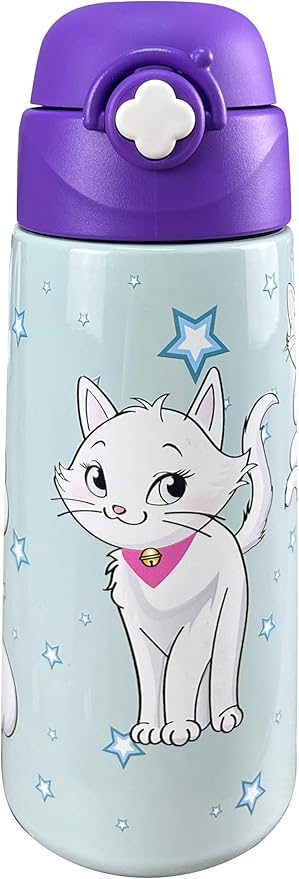 Kids Insulated Water Bottle with Covered Pop-Up Straw,16oz Kids Cups with Stainless Steel Leak Proof for School Boys Girls（Cat-Purple）