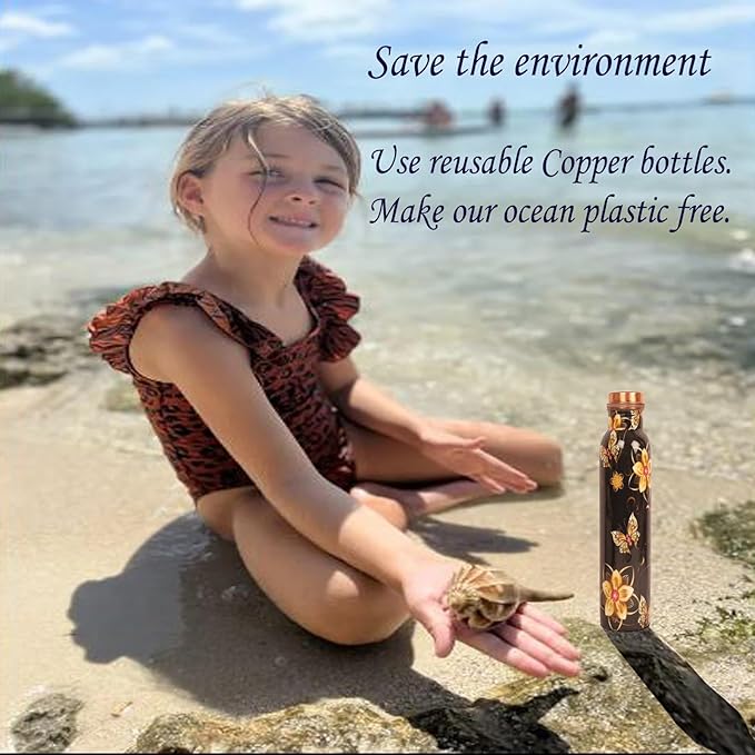 Pure Copper Water Bottle - Handcrafted - Ayurveda health benefits - Large 35 oz - Leak proof - Easy to carry for Sports, Fitness, Yoga, School - Black Base Floral Textured Colorful