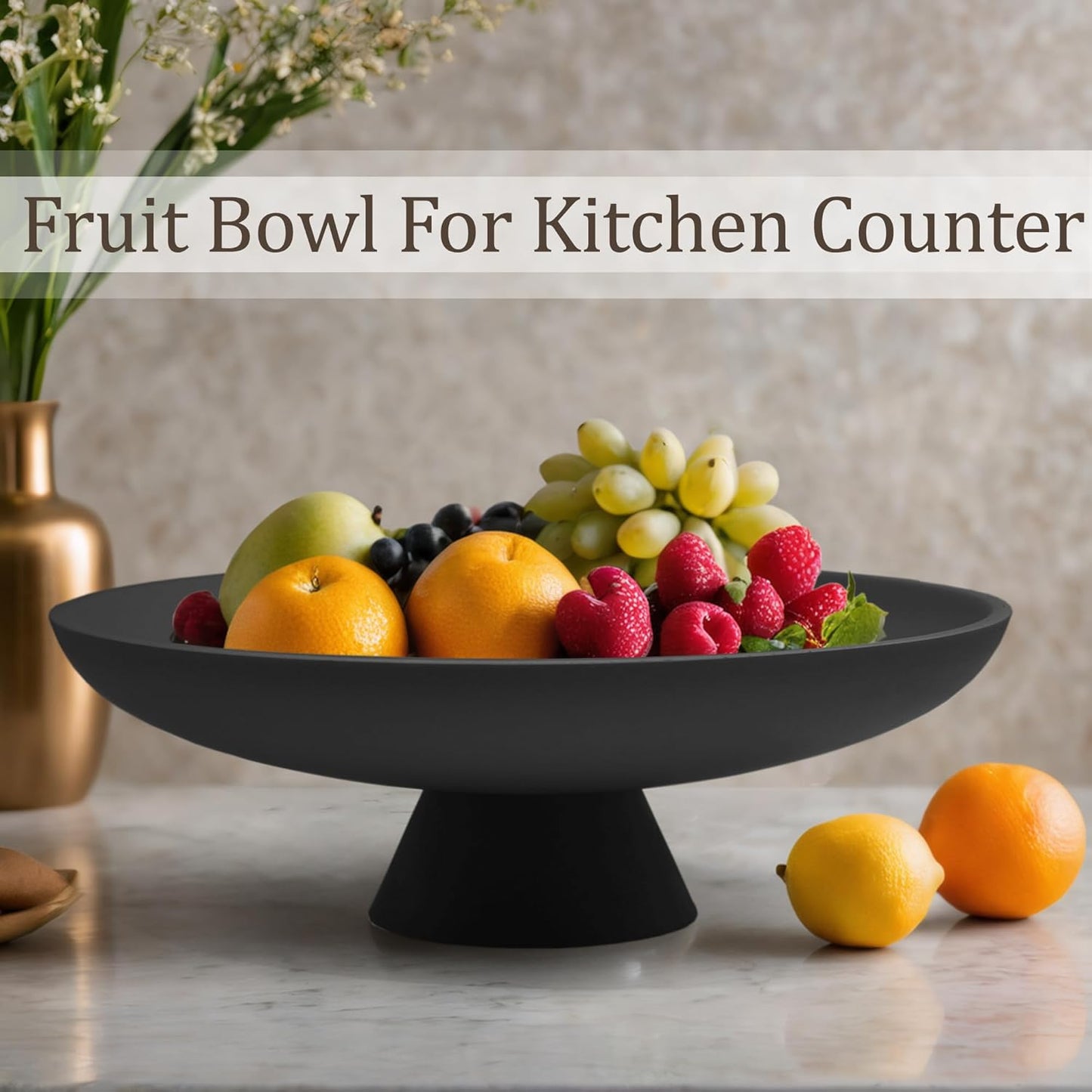 Large Decorative Bowl, Modern Resin Pedestal Bowl for Home Decor, Stylish Fruit Bowl for Kitchen Counter, Chic Key Holder for Entry Table, Matte Black