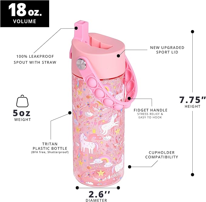 Elemental Leak Proof Water Bottles for Kids - Splash Kids Water Bottle for School with Fun Fidget Pop-it Handle - Tritan Plastic Water Bottle with Straw - Pink Unicorn & Robins Egg - 18oz (2 Pack)