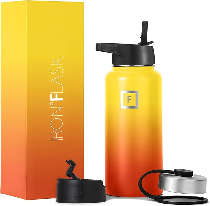 Iron Flask Sports Water Bottle - 32oz, 3 Lids (Straw Lid), Stainless Steel Vacuum Insulated, Hot Cold, Modern Double Walled, Simple Thermo Mug (Fire)