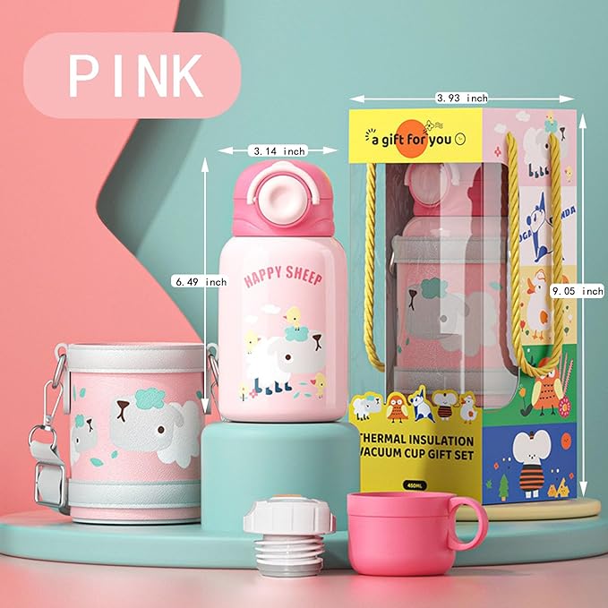 Kawaii Insulated Water Bottle, 15 oz Reusable Travel Bottle with Sleeve and Straw,Cute Water Bottle for Travel Sports Camping and Kids Girl Gifts (PINK)