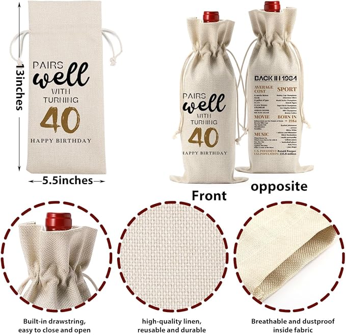 40th Birthday Gifts Women Men, 40 Year Old Birthday Gifts for Women Mom Dad Wine Gift Bag, Wine Accessories Gifts Anniversary 40th Birthday Decorations Wine Bag Wine Bags for Wine Bottles Gifts