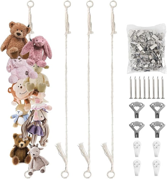 Stuffed Animal Storage Chain 80 Inch, Munzong 4pcs Beige Hanging Stuff Animals organizer, Cotton Toy Display Chain with 80 Clips, Toys Organizers Holder for Toddler Kids Nursery Room Wall Corner Decor