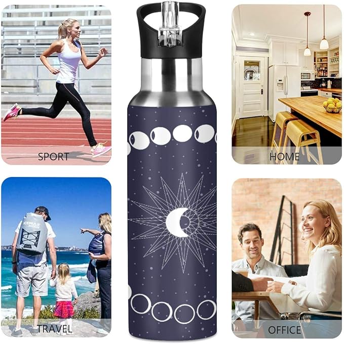 Moon Phases Circle Water Bottle with Straw Lid for Fitness Gym Camping Outdoor Sports, Wide Mouth Vacuum Insulated 18/8 Stainless Steel, 22 oz