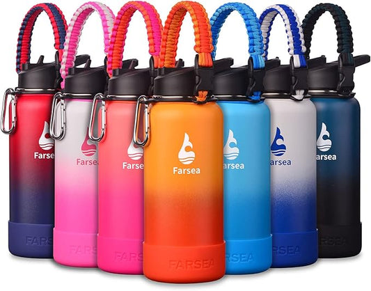 Farsea Insulated Water Bottle With Paracord Handle, Protective Silicone Boot and 2 Lids (Straw Lid & Spout Lid), Stainless Steel Water Bottle Wide Mouth, Double Wall Sweat-Proof BPA-Free, 32 oz