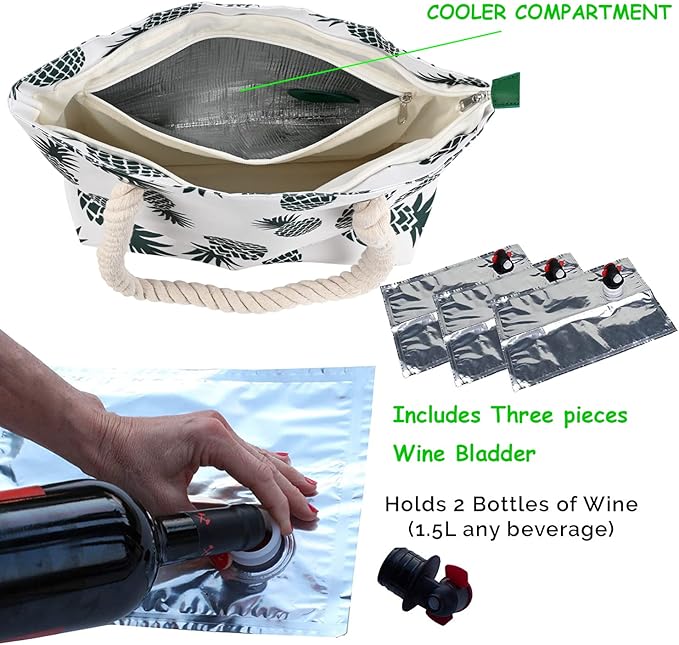 Wine Purse with Hidden Spout, Beach Wine Tote Bag for Women with Zipper and Compartments,Leakproof Waterproof Sandproof with Cooler Bags Insulated - 3 x 1.5L replacement Bladder