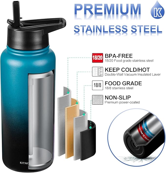 Water Bottle Insulated 32oz Straw Lid, Leak Proof, Vacuum Insulated,Stainless Steel Water Bottle Wide Mouth for Sports, Gym, BPA-Free Keep Cold 24H Hot 12H (Dark green)