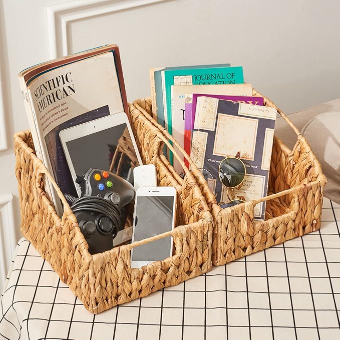 EZOWare Woven Open Front Storage Baskets, Natural Water Hyacinth Wicker Storage Trapezoid Organizer Bin Boxes with Handles for Closet Clothes Kids Room Nursery, Empty Decorative Gift - Set of 2