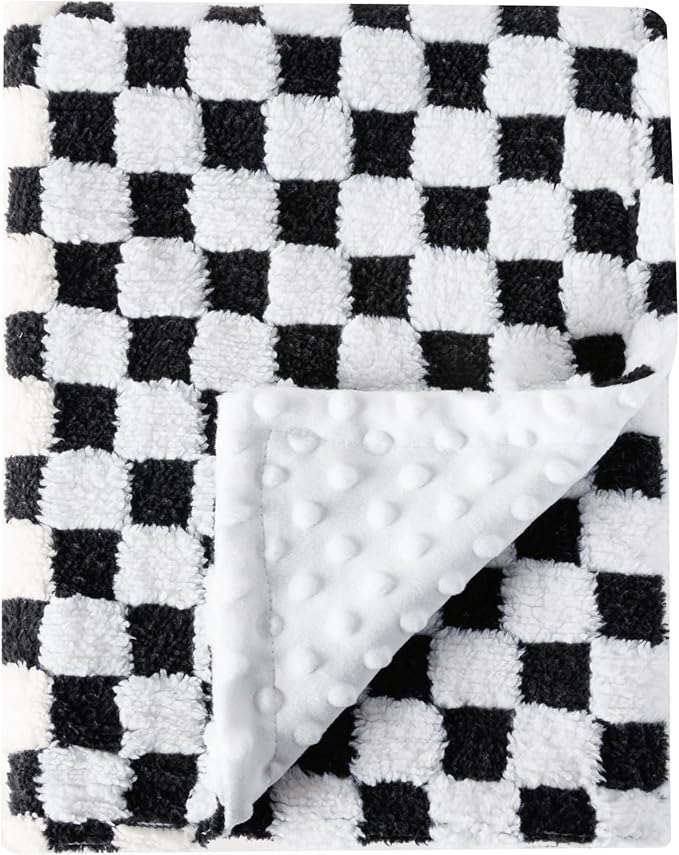 Soft Checkered Baby Blankets for Unisex Girls or Boys Breathable Gender Neutral Nursery Double Layer Blankets with Dotted Backing for Newborn Toddlers (30” X 40”)