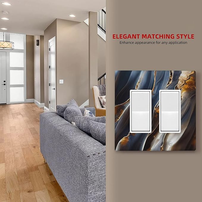 Gradient Abstract Ripple Blue Gold Marble Printed 2 Gang Rocker Decora Light Switch Covers Dual Outlet Covers Wall Plate Decorative Switchplate Electrical Faceplate GFCI for Kitchen Bathroom Bedroom