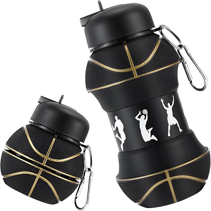 Kids Sports Collapsible Water Bottle | Ball Shaped Drinking Cup | Foldable BPA Free Leakproof Lightweight Silicon Jug | School Lunch Mug Team Gift Travel (Basketball Black 550ml/18.6oz)