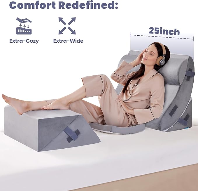 BDEUS 6PCS Extra Wide 25 Inch Orthopedic Bed Wedge Set for Sleeping, Post Surgery, Pain Relief, Acid Reflux, Adjustable Leg, Back and Arm Support, Sitting Up and Rest Pillow with Travel Bag