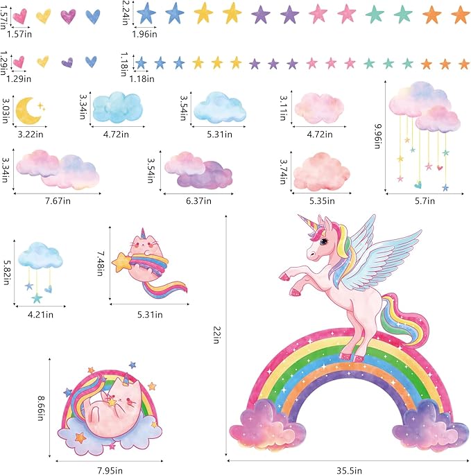 MORCART Rainbow Wall Decal Unicorn Wall Stickers Moon Cat Hearts Clouds Watercolor Stars Removable Vinyl Decals for Nursery Kids Girls Bedroom Birthday Party Wall Decor