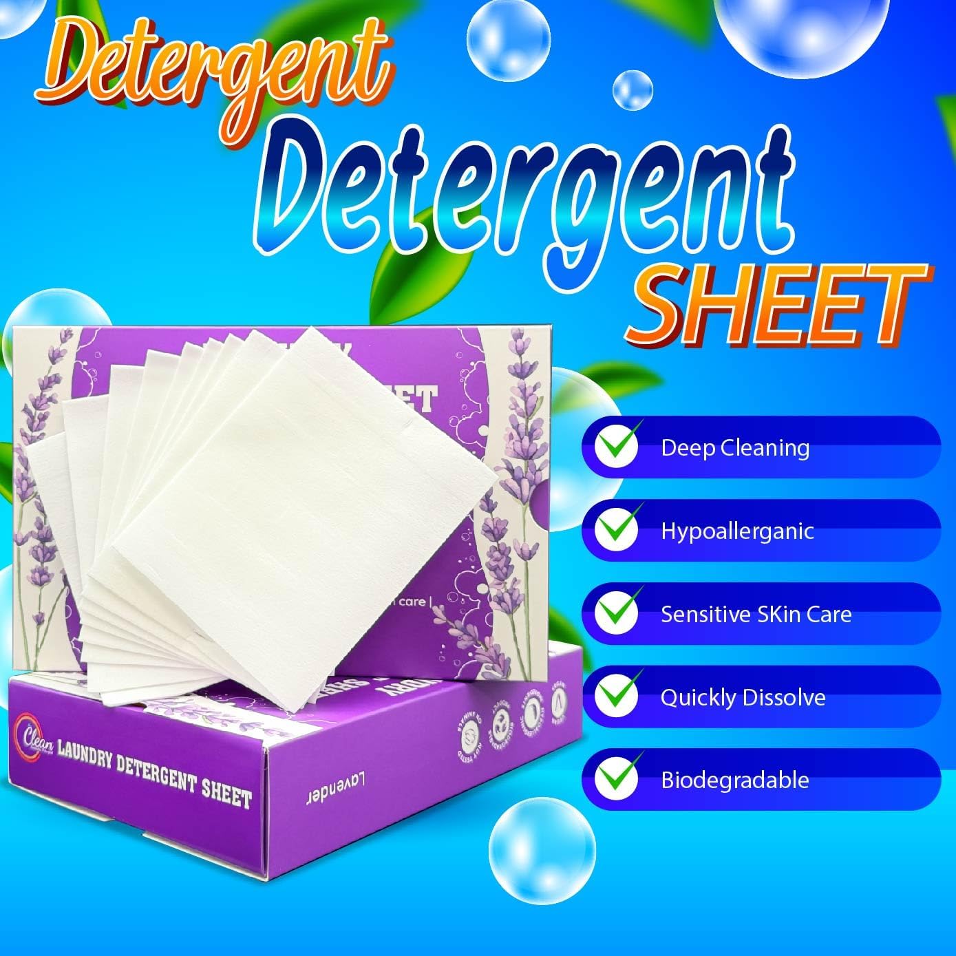 Clean Laundry Detergent™ – Hypoallergenic, Eco-Friendly, Plant-Based, Biodegradable, 100% Natural – Gentle on Skin & Fabrics, Lavender Scent, 60 Premium Laundry Detergent Sheet (Lavender)