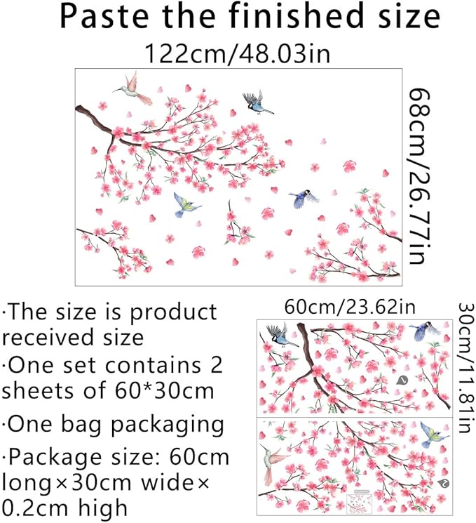 Peach Blossom Tree Branch Wall Decals Pink Flower Birds Wall Stickers Wall Art Decals for Bedroom Living Room TV Wall