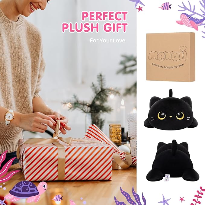 Cute Cat Plush Pillow, Kawaii Plushies Black Cat Stuffed Animals, Squishy Plushies, Cuddle Plush Pillow for Boys & Girls