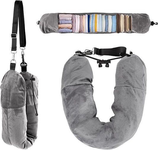 Stuffable Travel Pillow, Plush Stuffable Neck Pillow for Travel Transformable Neck Pillow Travel Pillow Stuffable with Clothes Adjustable U-Shape Pillow, No Pillow Filler (Gray)