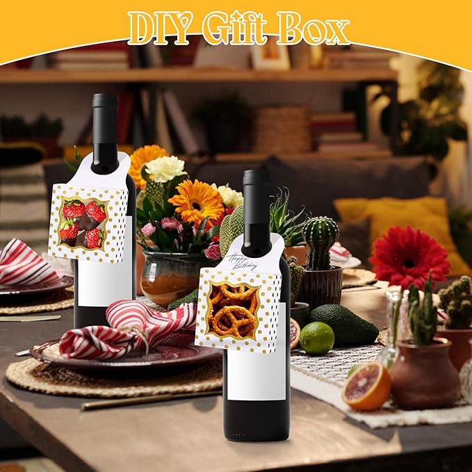 ISKYBOB 20PCS Wine Bottle Box with Window, Kraft Paper Wine Boxes for Birthday Gifts Hanging Wine Treat Box Mini Charcuterie Boxes Champagne Bottles Gift Boxes Candy Box for Party Favor (White Gold)