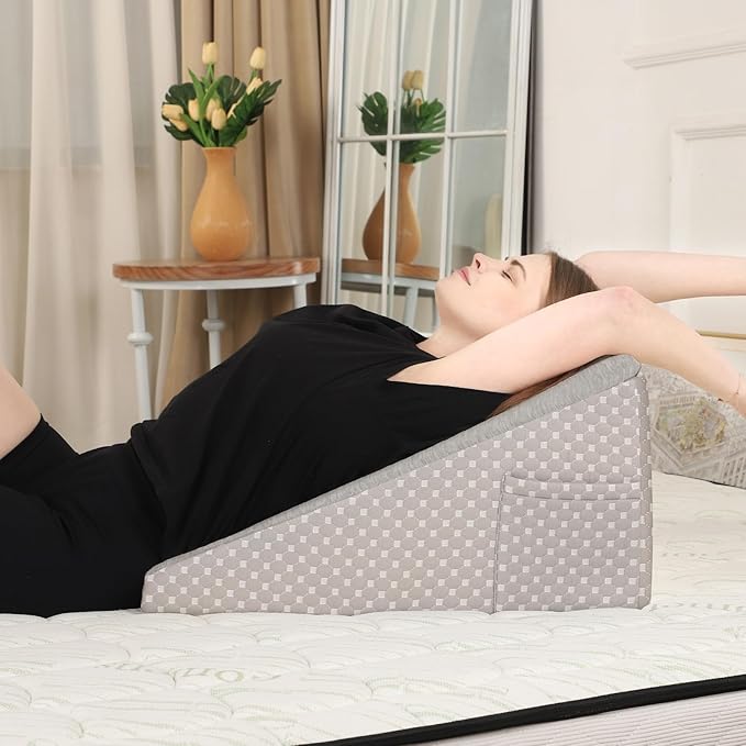 Wedge Pillow for Sleeping, 12 Inch Cooling Triangle Bed Pillow with Removable Cover, Elevated Body Pillow Wedge for Back Support, After Leg Surgery, Snoring, Acid Reflux, Grey
