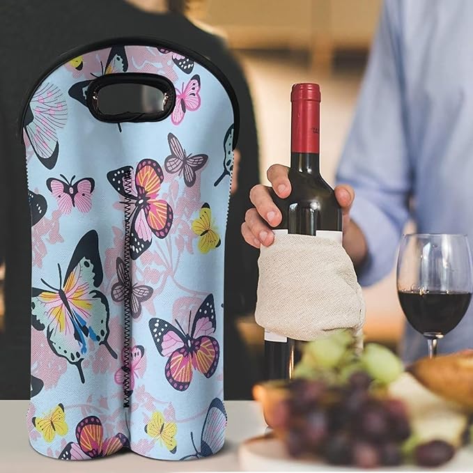 doginthehole 2 Bottle Wine Carrying Bag Butterfly Print Wine Carrier Tote Bag for Travel Wine Bottle Holder with Handle Reusable Champagne Bottle Protective Sleeve Pouch for Travel Picnic