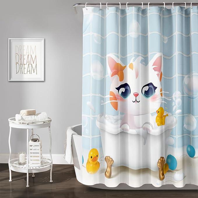 AILONEN Cartoon Bathtub Cat Shower Curtain for Kids 72" W*78" H Kawaii Shower Kitten and Duck Shower Curtain,Polyester Waterproof Fabric Decor for Bathroom Bathtub Panels