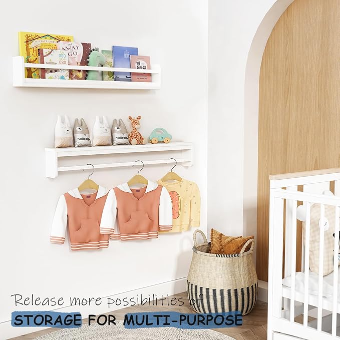 Large Nursery Book Shelves 36 Inches Long Set of 3, Modern Plate Shelf for Wall Display, Floating Shelves with Lip and Clothes Rod for Kids Bedroom Living Room Kitchen Bathroom (White)